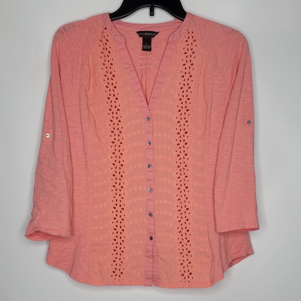 Bit & Bridle Shirt Womens Large Pink Roll Up Sleeve V Neck Button Up Cotton